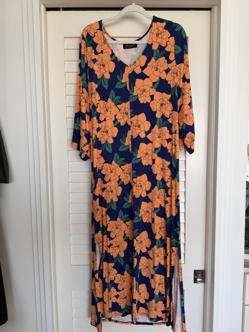 Fighting Eel Floral V-Neck Navy and Orange Midi Dress